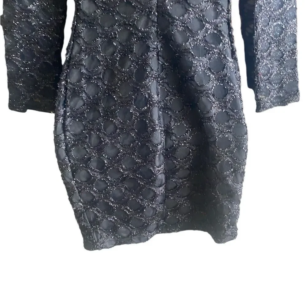 New CBR Black Fitted Festive Party Dress. Sparkly Flocked Fabric Over Lace. M